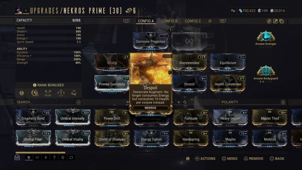 Screenshot of a Nekros Prime mod loadout, focusing on the augment mod Desecrate.