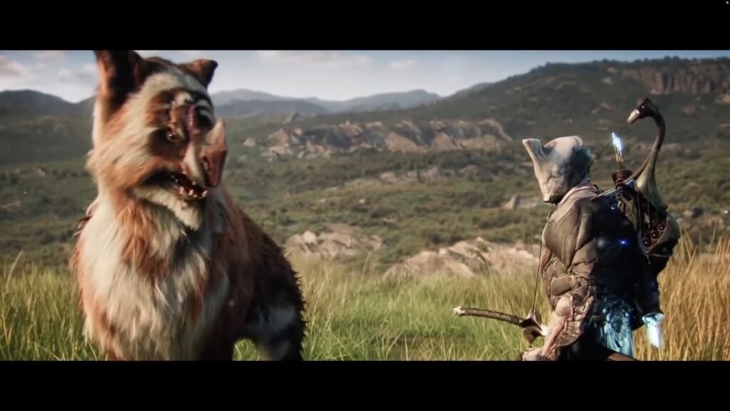 Screenshot showing Excalibur and his Kubrow companion in a mountainous prairie environment, taken from the introductory The Awakening cinematic.