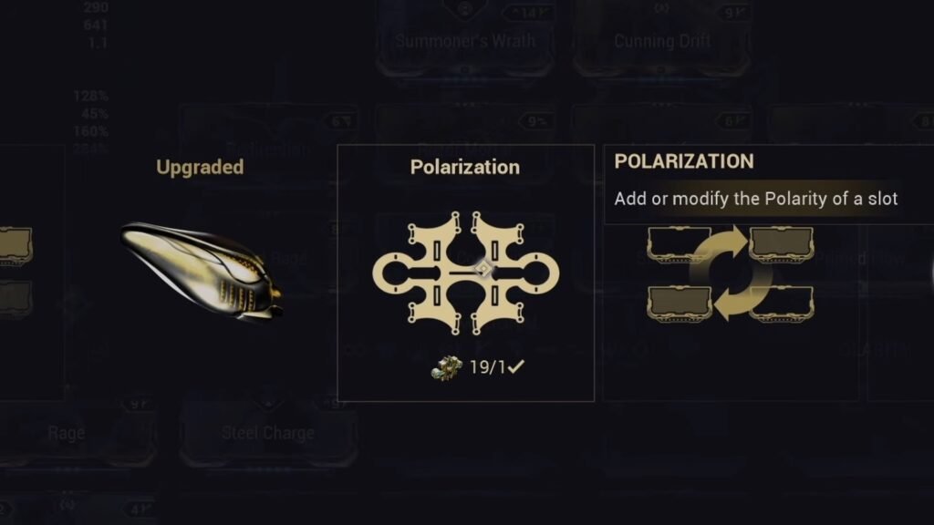 Screenshot highlighting the Polarization option in the Upgrades screen for a Warframe. The player has 19 Forma available.