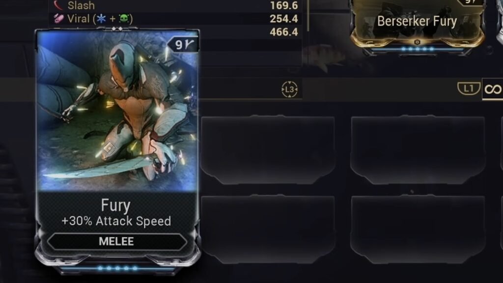 Close-up screenshot of a maxed-out Fury mod in Warframe, which offers +30% melee attack speed.