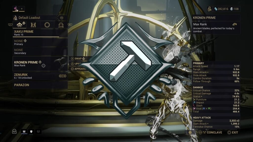 Screenshot showing Kronen Prime in the Arsenal screen in Warframe. Superimposed in the foreground is the symbol for Impact damage.