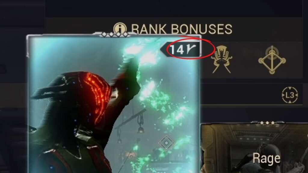 Screenshot of the upper portion of a Madurai-polarized mod in Warframe. A red circle is superimposed over the Madurai symbol.