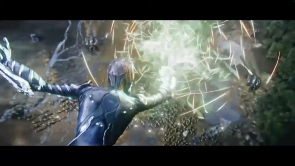 Screenshot showing the Warframe Mag descending from the air and casting an ability at enemies, taken from the introductory The Awakening cinematic.
