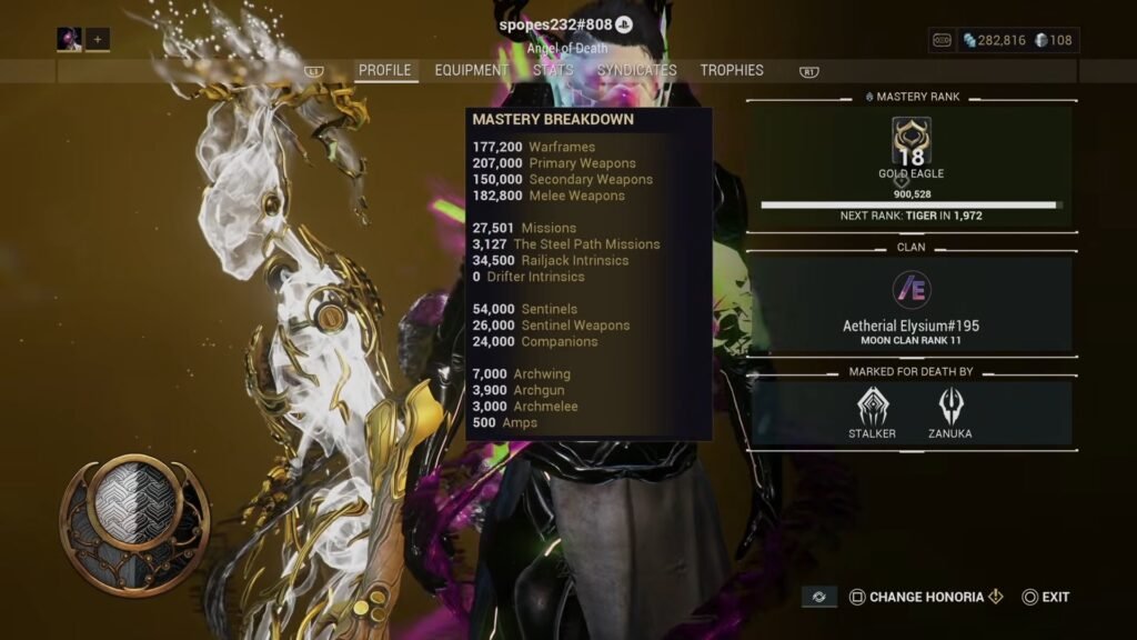 Screenshot of the Profile screen in Warframe, highlighting the player's current Mastery Rank, which is MR18.