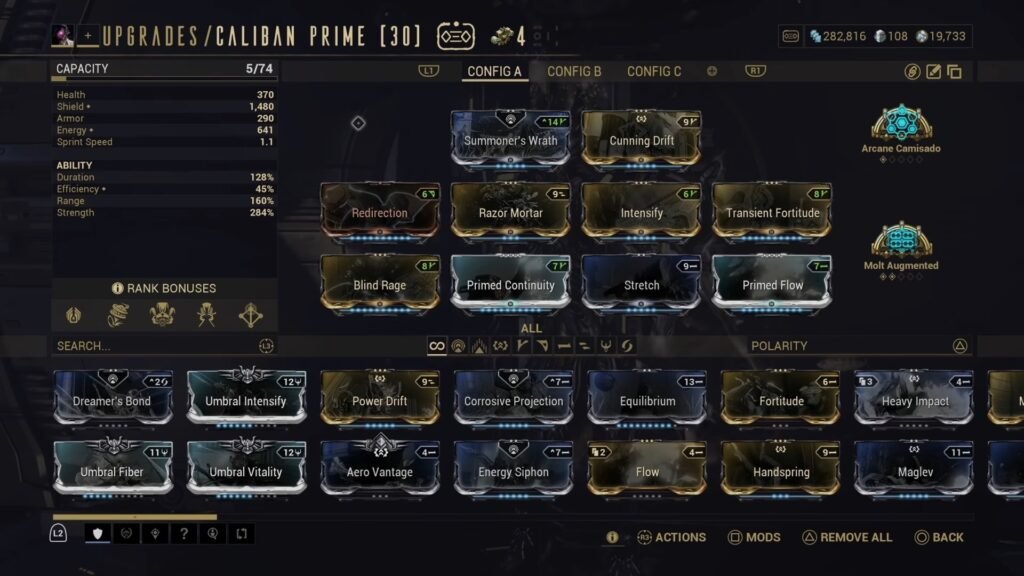 Screenshot of a Caliban Prime mod loadout in Warframe, showing which mods and Arcanes the player has chosen.