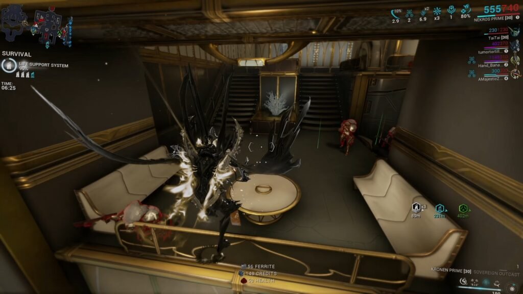 Screenshot of Nekros slaying Orokin foes with Kronen Prime. The majestic Warframe soars through the air — about to alight on a balcony infested with enemies.