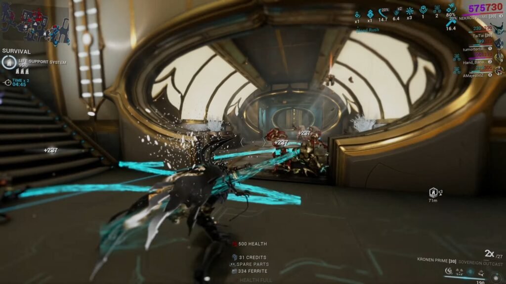 Screenshot of Nekros slaying Orokin foes with Kronen Prime. The Warframe prepares to eliminate his enemies with beams of blue energy.