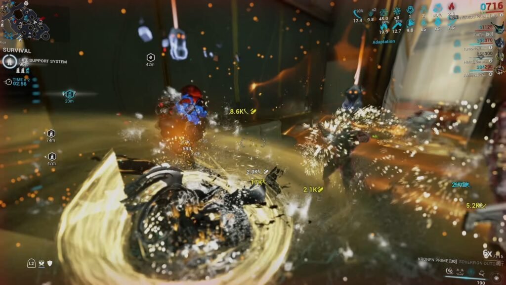 Screenshot of Nekros slaying Orokin foes with Kronen Prime. The Warframe is a maelstrom of colorful explosions, dismembering his enemies with golden energy.