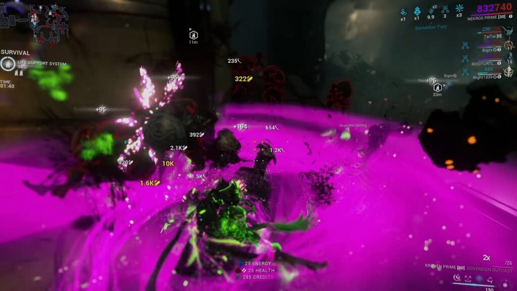 Screenshot of Nekros Prime slaying Grineer enemies with the Kronen Prime in Warframe.