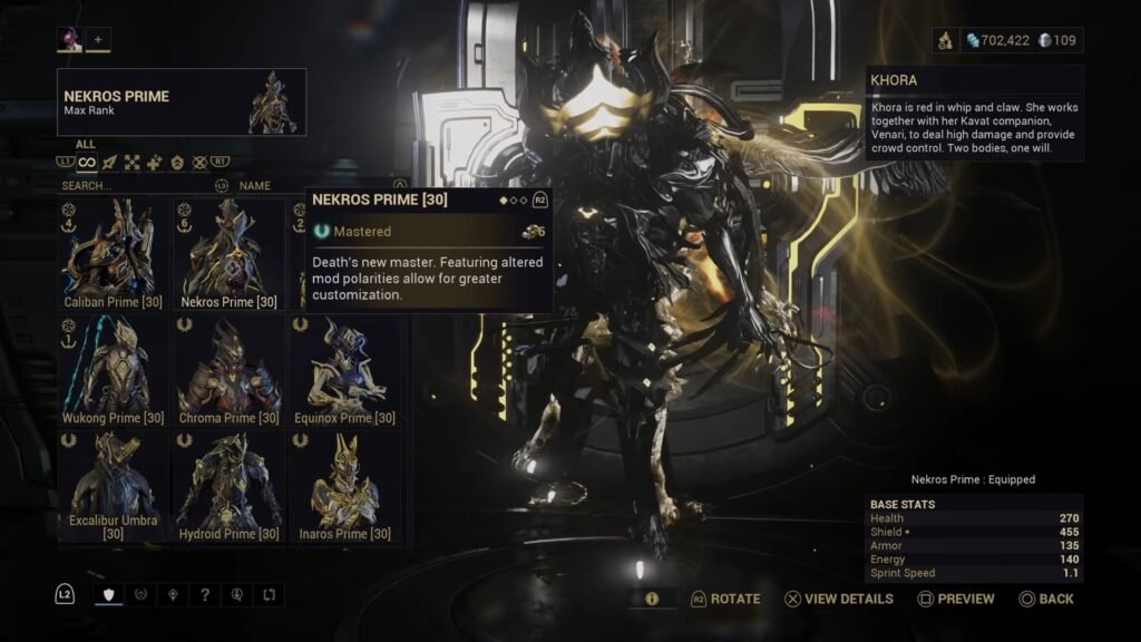 Image displaying Nekros Prime in the Warframe Arsenal. Other available Warframes are shown in the background.