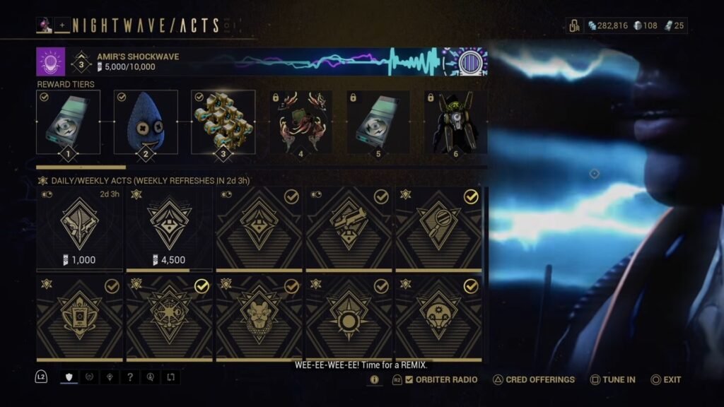 Screenshot showing the Amir's Shockwave Nightwave in Warframe. Both daily and weekly Acts are displayed.