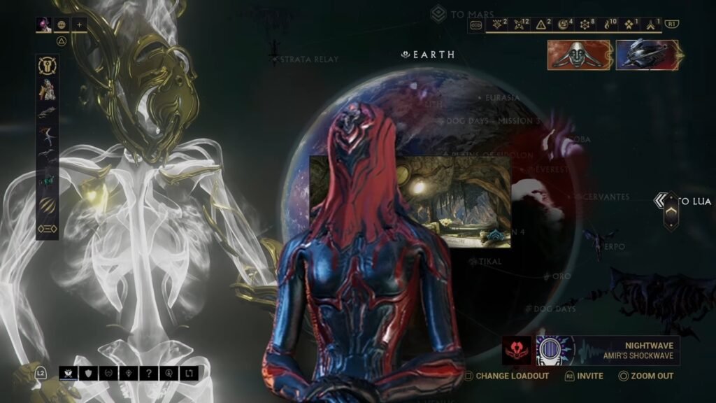 Screenshot of the location of Iron Wake on Earth in the Warframe star chart. The Iron Wake vendor Palladino is superimposed in the foreground.