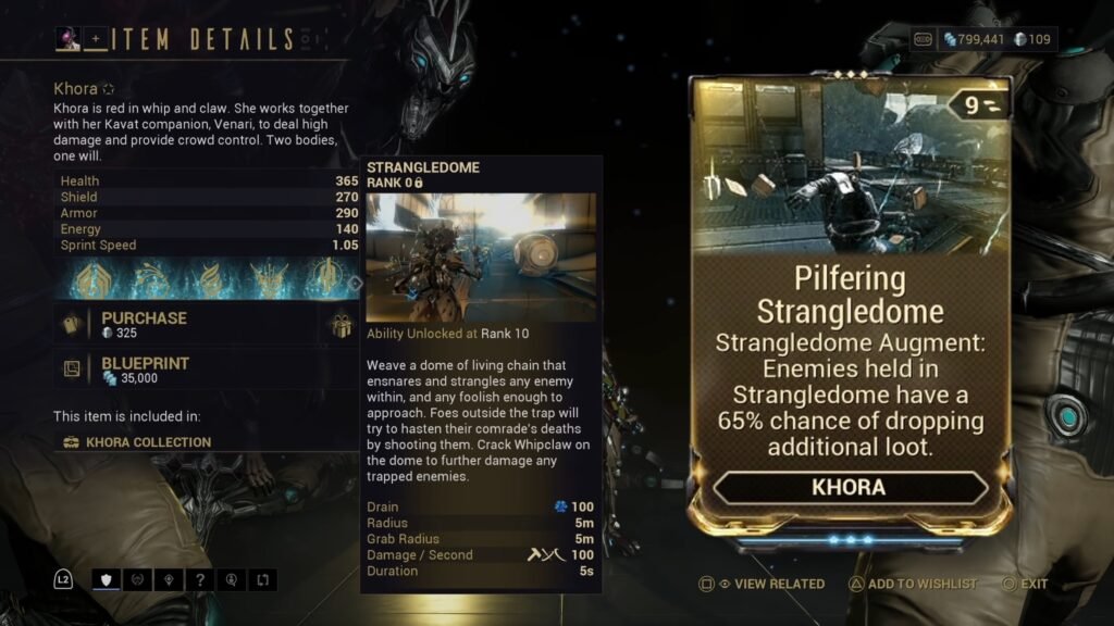 Image showing the tooltip for Khora's fourth ability, Strangledome, with her augment mod Pilfering Strangledome shown in the foreground.
