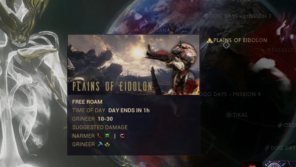 Screenshot showing the information popup for The Plains of Eidolon in the Warframe star chart.