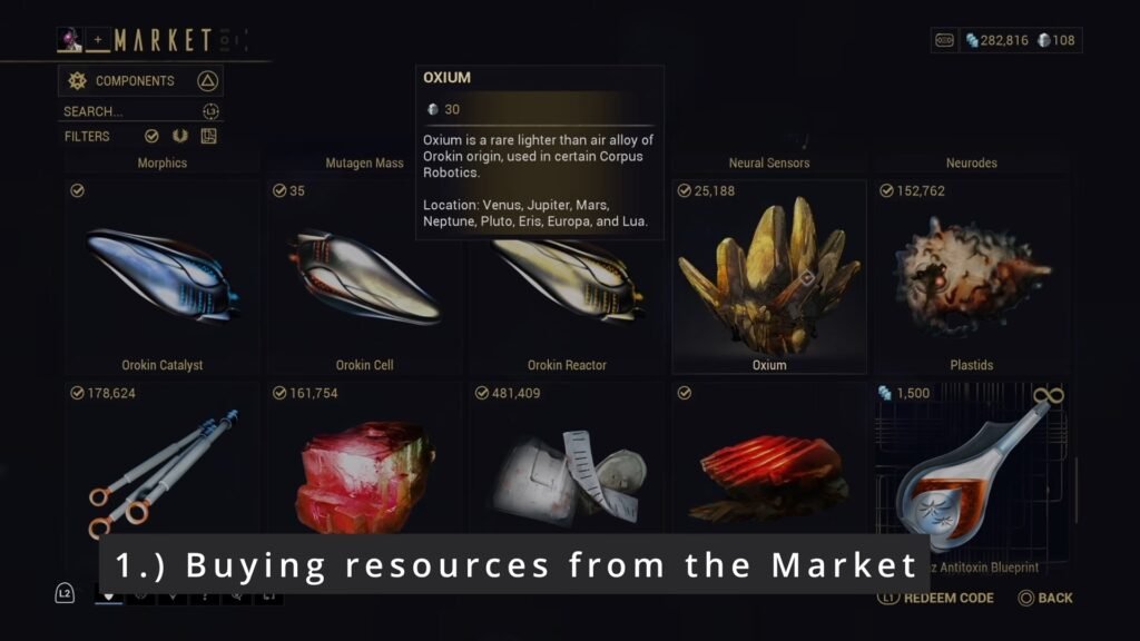 Screenshot of the Resources section of the Warframe Market. Superimposed text reads: "1. Buying resources from the market".