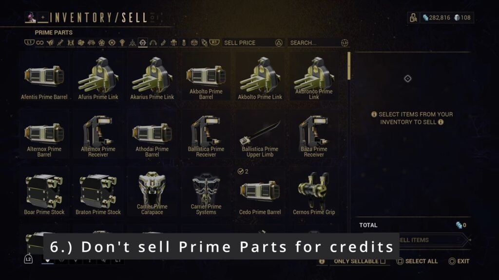 Screenshot of the Prime Parts section of the Warframe Inventory. Superimposed text reads: "6. Don't sell Prime Parts for Credits".