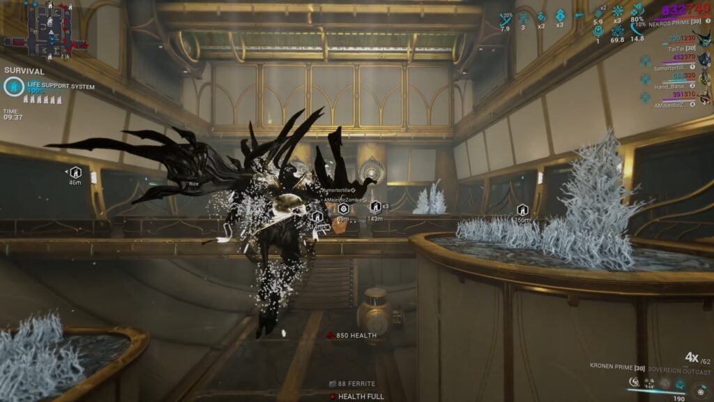 Screenshot showing Nekros Prime soaring through the air in an Orokin tileset. The majestic movement of the black Warframe is juxtaposed to the golden-baroque background of the Orokin map.