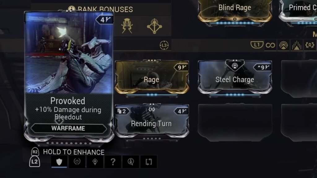 Close-up screenshot of the Provoked mod in Warframe, highlighting the "Hold to Enhance" option in the UI.