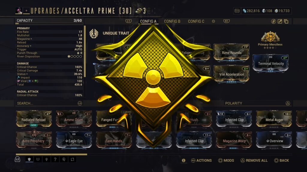 Screenshot of the mod screen for Acceltra Prime in Warframe. A large Radiation damage symbol is superimposed in the foreground.