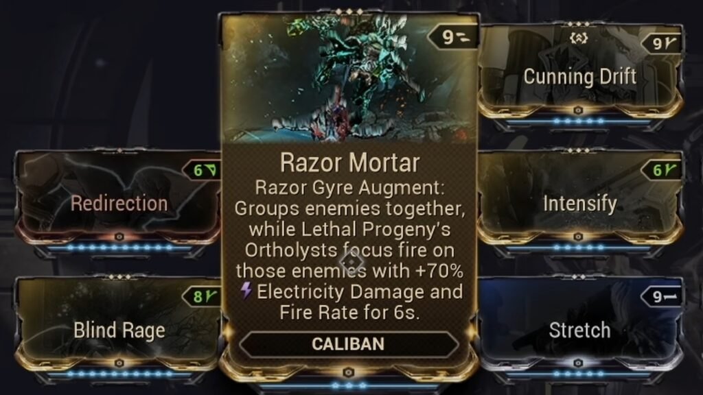 Close-up screenshot of the Razor Mortar augment mod for Caliban Prime in Warframe.