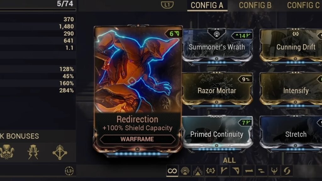 Close-up screenshot of a maxed-out Redirection mod in Warframe, which offers +100% Shield Capacity.