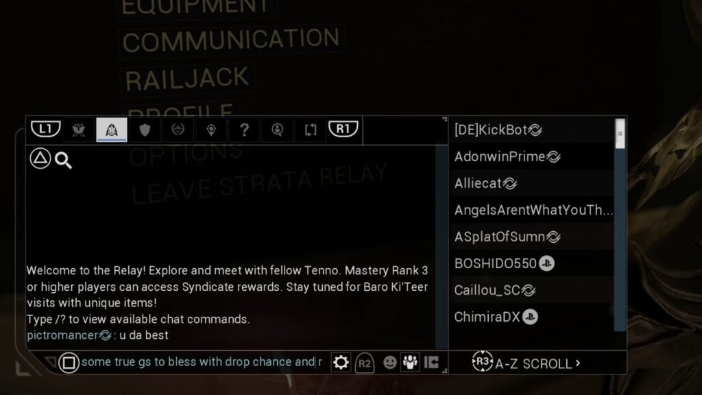 Screenshot highlighting a closeup of the Warframe chat panel. The user is asking for a Drop Chance booster at a Relay.
