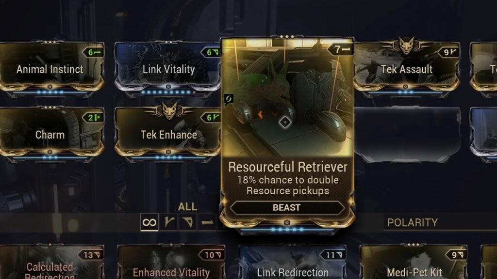 Warframe screenshot highlighting the Resourceful Retriever mod within a Companion's mod loadout screen.