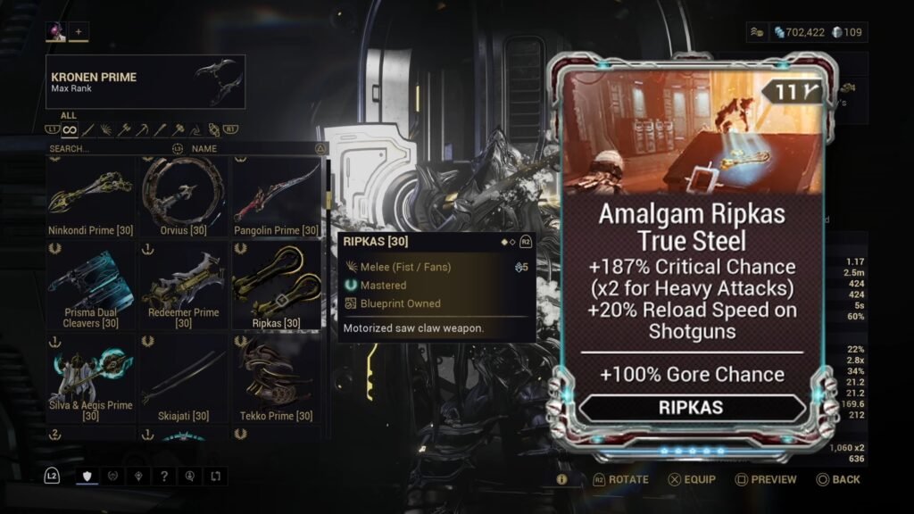 Screenshot showing the melee weapon Ripkas in the Warframe Arsenal. The mod Amalgam Ripkas True Steel is featured in the foreground.