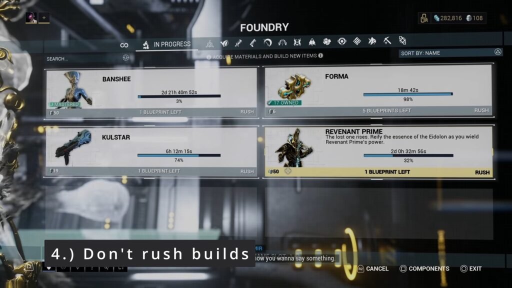 Screenshot of the Foundry in Warframe. Superimposed text reads: "4. Don't rush builds".