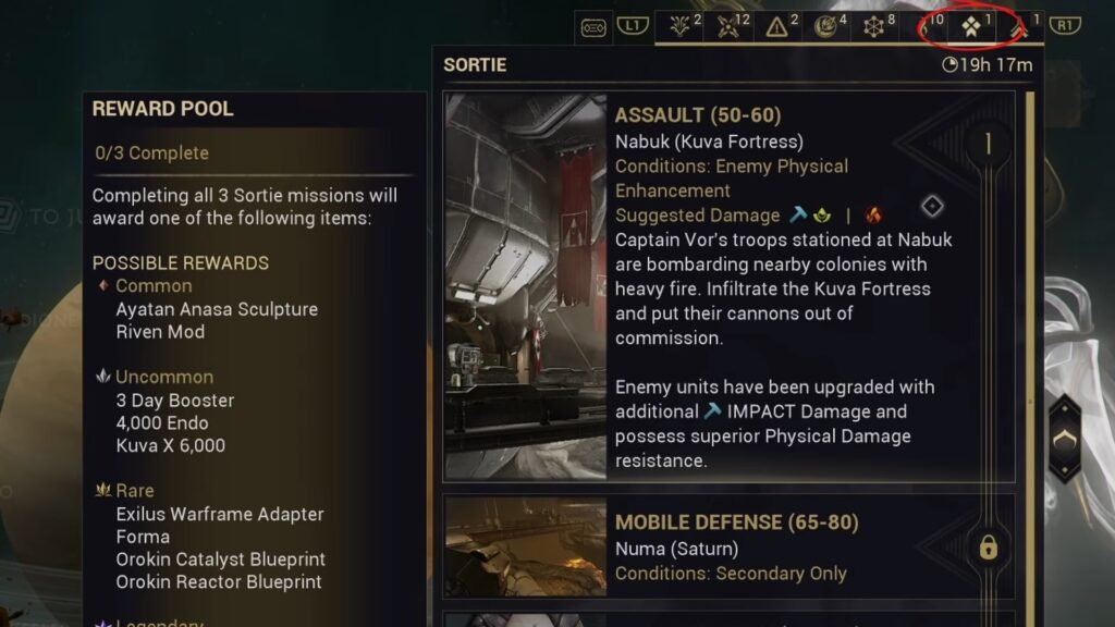 Close-up screenshot of the Sorties screen in the Warframe Star chart. The Sorties symbol in the navigation tab is highlighted by a red circle.