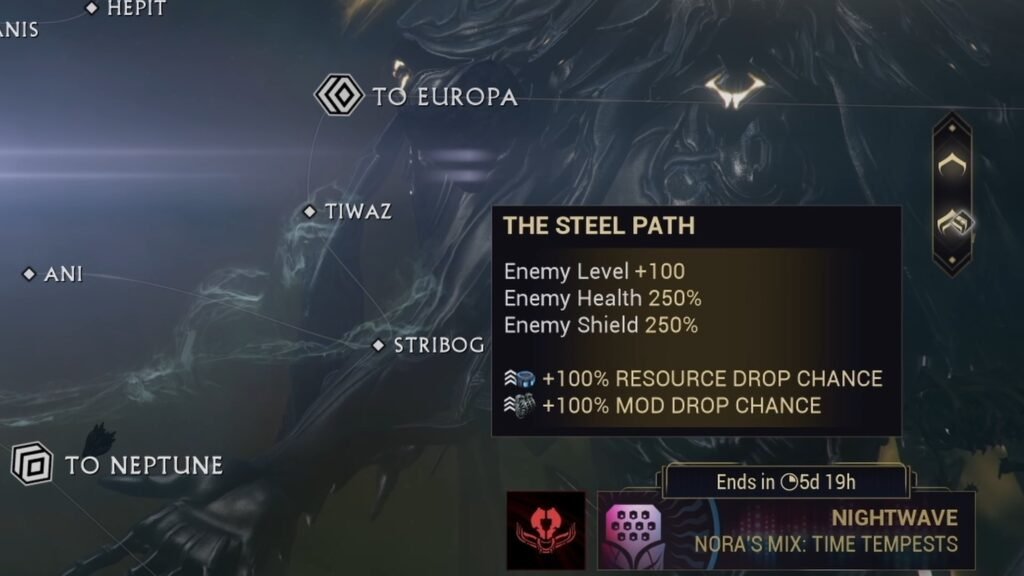 Screenshot highlighting the tooltip for the Steel Path difficulty in Warframe, showing the various ways enemy stats are buffed.