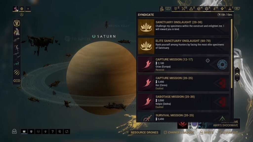 Screenshot showing the Syndicate Missions option in the Warframe star chart. The selected mission is a Capture Mission for Red Veil on Europa.