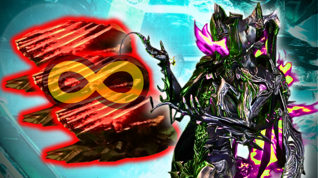 Image of Nekros Prime pointing to a pile of Tellurium with the infinity symbol superimposed over it in Warframe.
