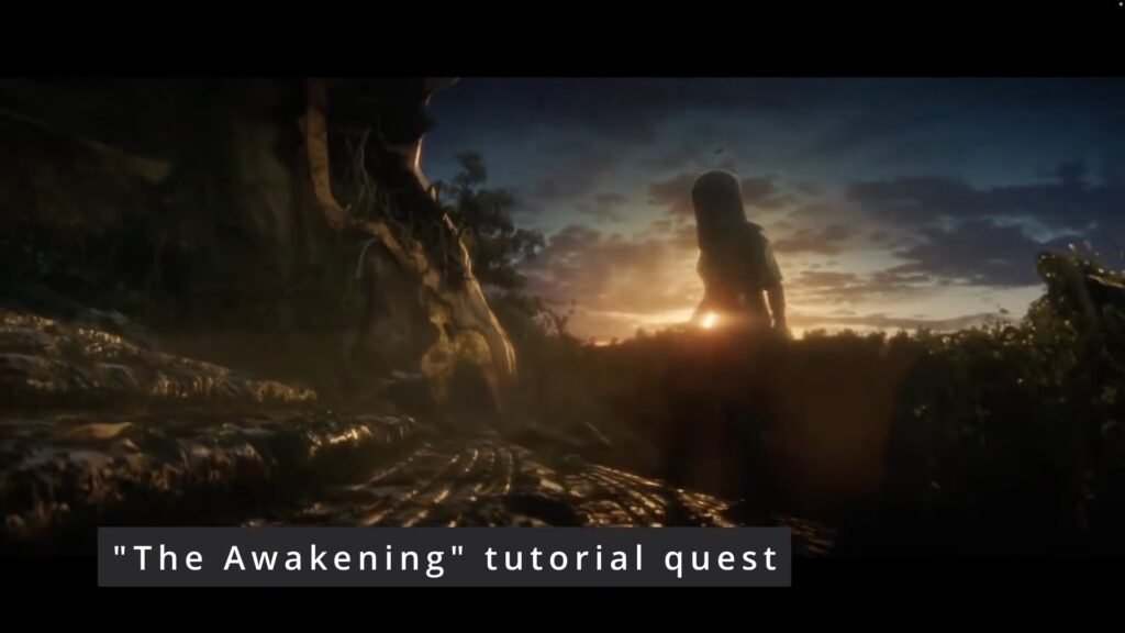 Screenshot from The Awakening introduction quest in Warframe, featuring the female Tenno protagonist climbing up a flight of stairs in an ancient building set amidst a wild jungle.