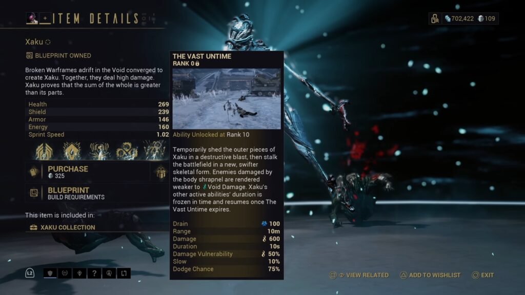Screenshot showing the tooltip of the Warframe Xaku's fourth ability, The Vast Untime.