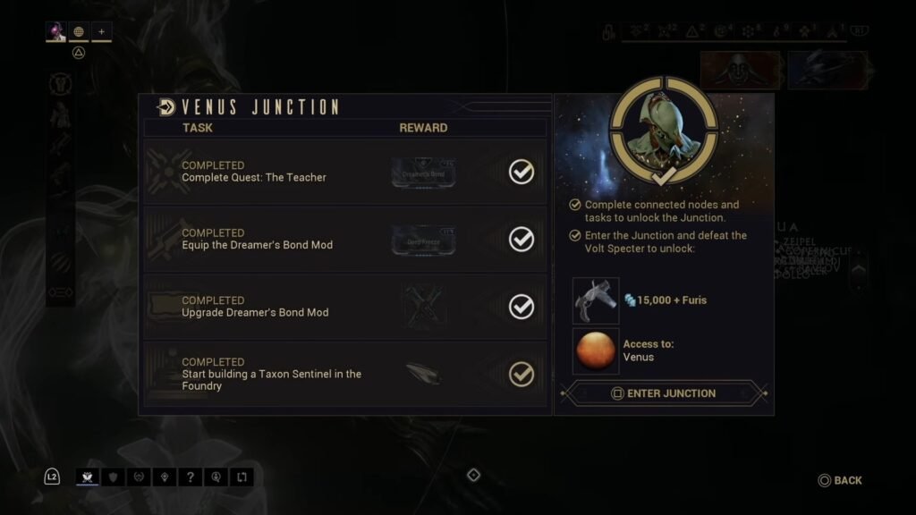 Screenshot showing the information page for the Venus Junction in the Warframe star chart, indicating which prerequisites are required and which awards are offered.