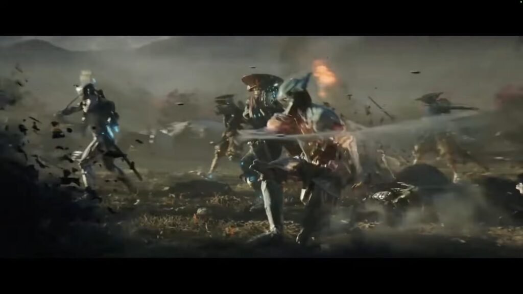 Screenshot showing the Warframe Volt speeding through a field full of enemies slashing with his melee weapon, taken from the introductory The Awakening cinematic.