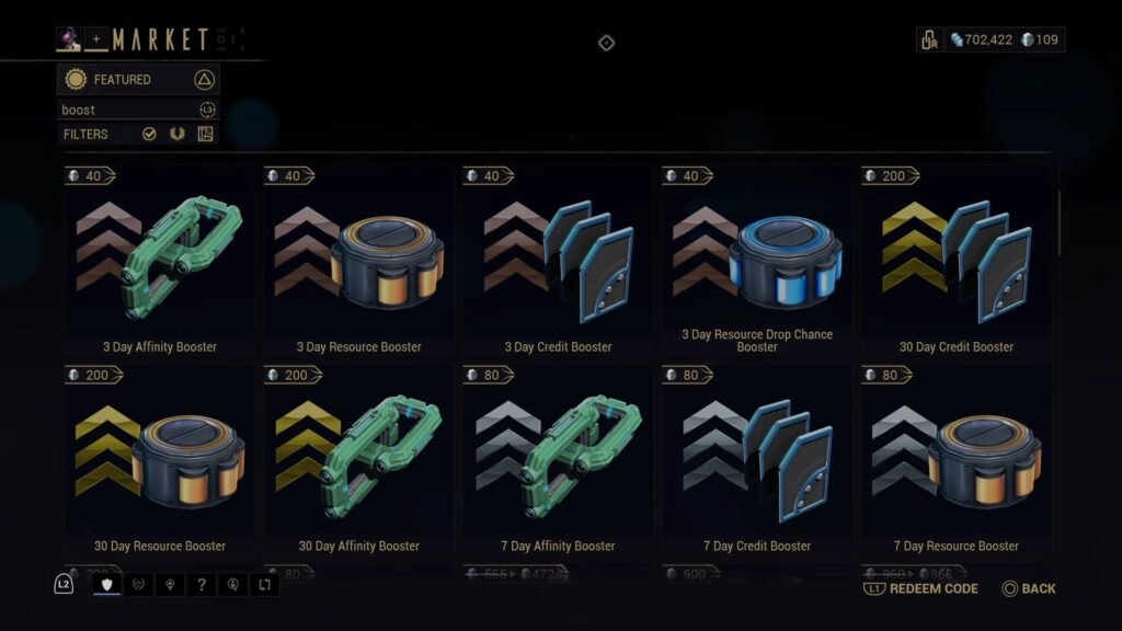Screenshot showing the various boosters available within the Warframe Market. Affinity, Credit, Drop Chance, and Resource boosters are shown.