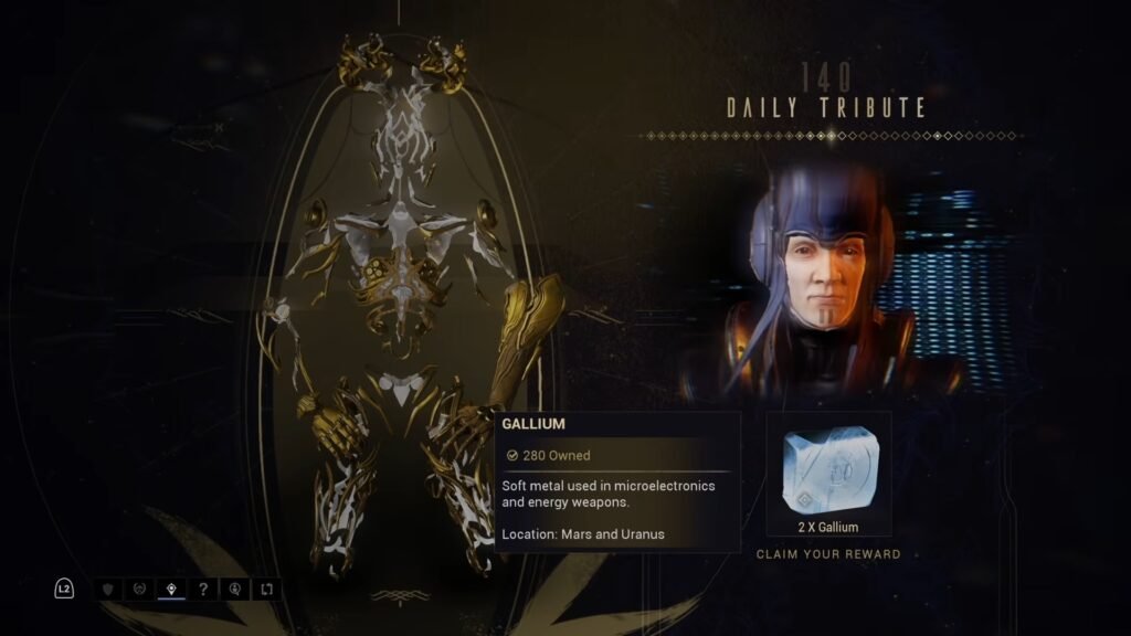 Screenshot of the Daily Tribute login reward screen in Warframe. The reward being offered this particular day is 2x Gallium.