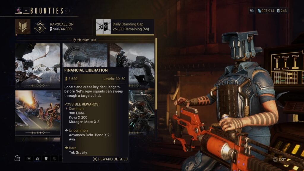 Screenshot of the Bounty Board on Fortuna in Warframe, highlighting the Tier IV bounty.
