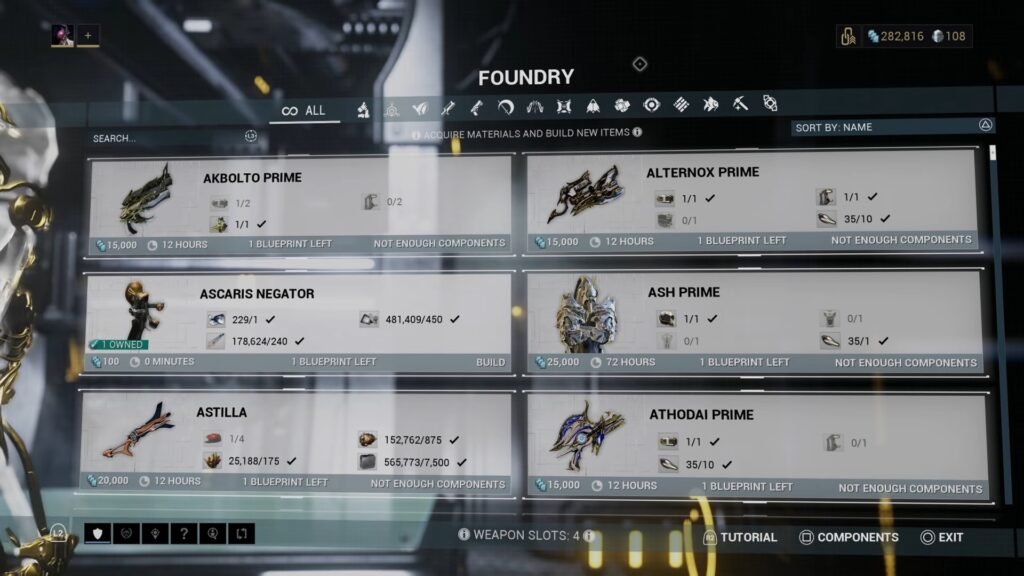 Screenshot showing the Foundry crafting station in Warframe. Items available to craft include Akbolto Prime, Alternox Prime, and Ash Prime.