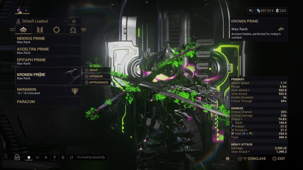Screenshot of Nekros Prime wielding Kronen Prime in the Warframe Arsenal.