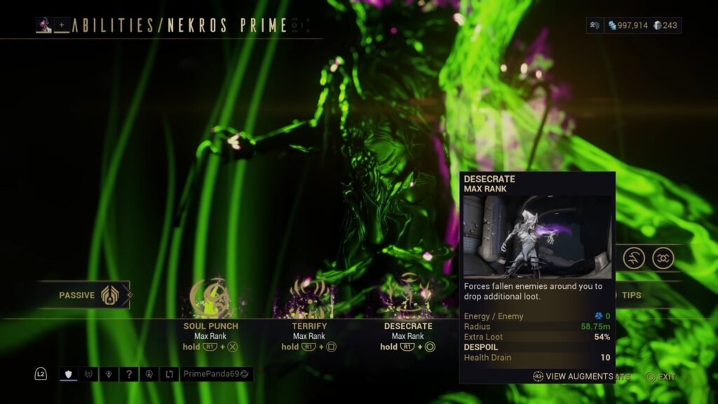 Screenshot showing the tooltip of the Nekros ability Desecrate.
