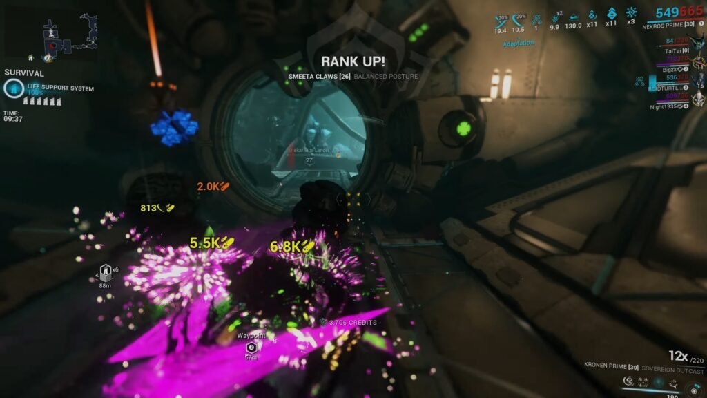 Screenshot of Nekros Prime slaying Grineer enemies with the Kronen Prime in Warframe.