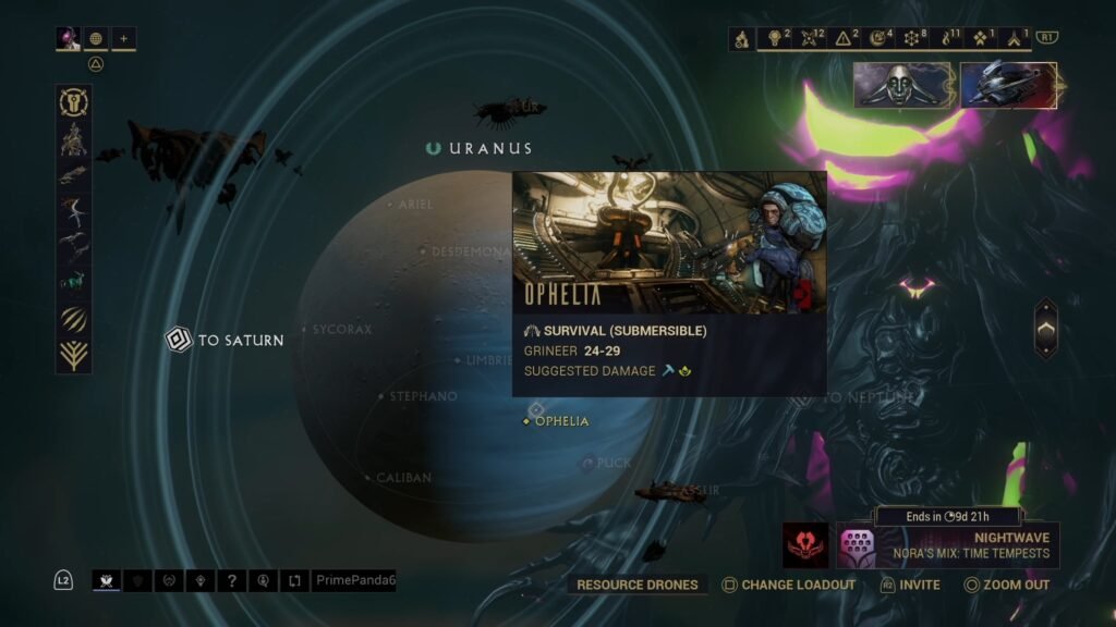 Screenshot of the Survival node Ophelia in the Warframe Star Chart.