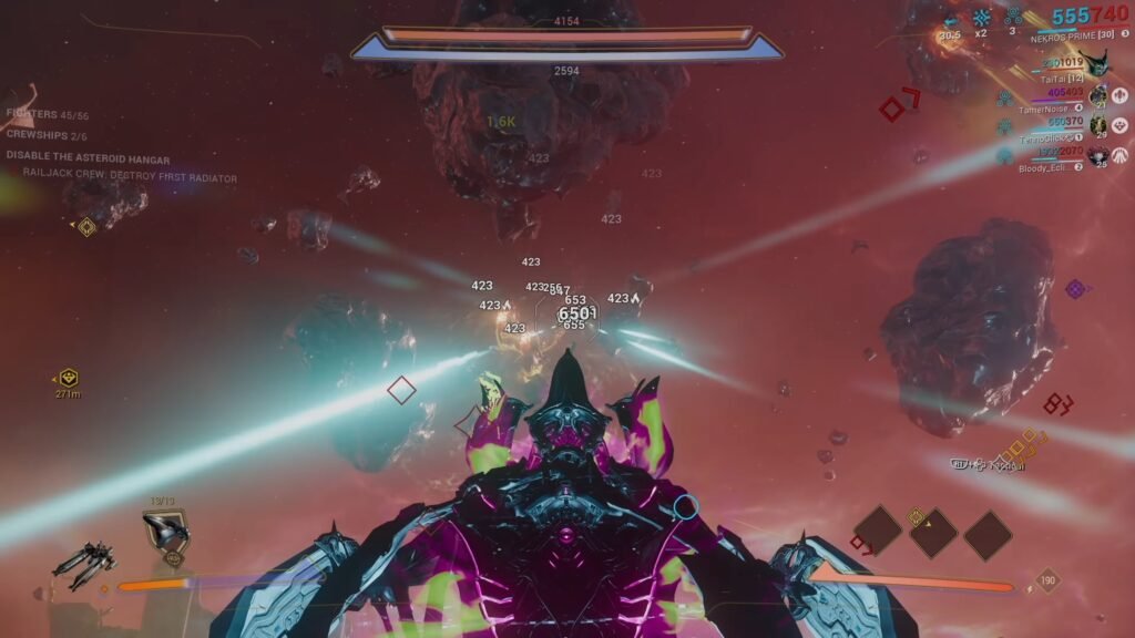 Screenshot of a Warframe operating the turret of a Railjack, firing on enemy ships.