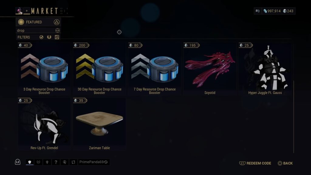 Screenshot of the Warframe Market, highlighting the availability and price of Resource Drop Chance Boosters.