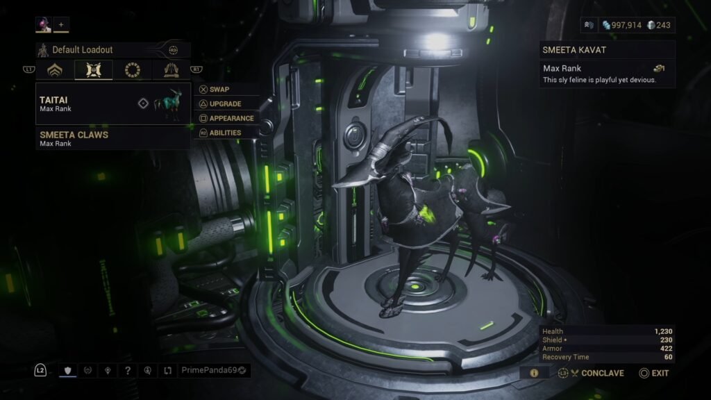 Screenshot of a Smeeta Kavat Companion named "TaiTai" in the Incubator Orbiter module in Warframe.