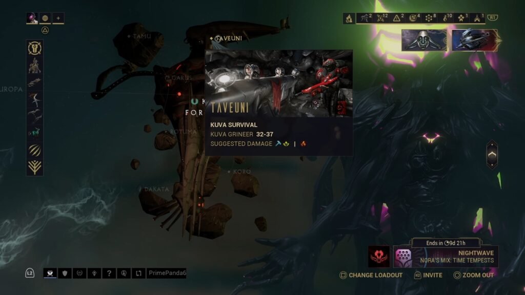 Screenshot of the Taveuni Survival node in the Kuva Fortress in Warframe's Star Chart.