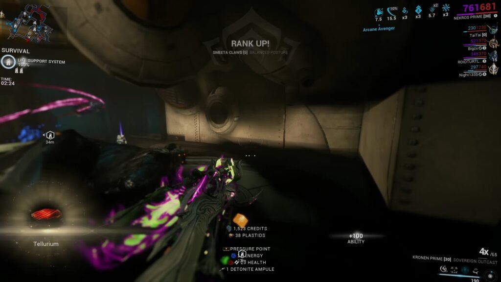 Screenshot of Nekros Prime farming Tellurium in Ophelia in Warframe, highlighting a Tellurium drop that just occurred.